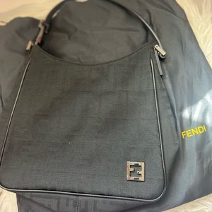 Fendi Black FF Jacquard Shoulder Bag with Metal Logo Plaque